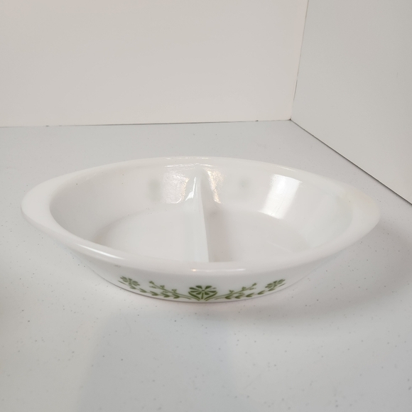 Vintage Glasbake Milk White Divided Casserole Oval Dish Green Daisy Pattern 12" - Picture 2 of 7